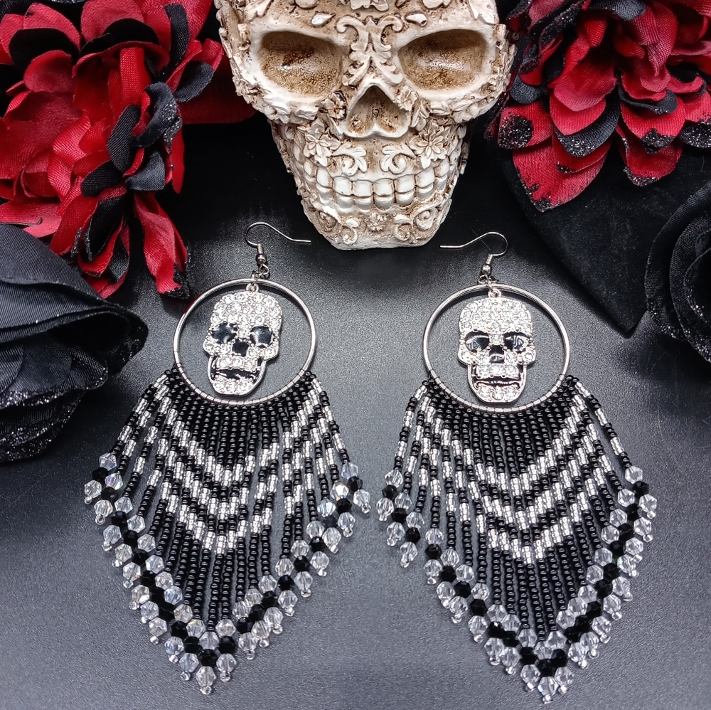 Bling Skulls Beaded Fringe Hoop Earrings